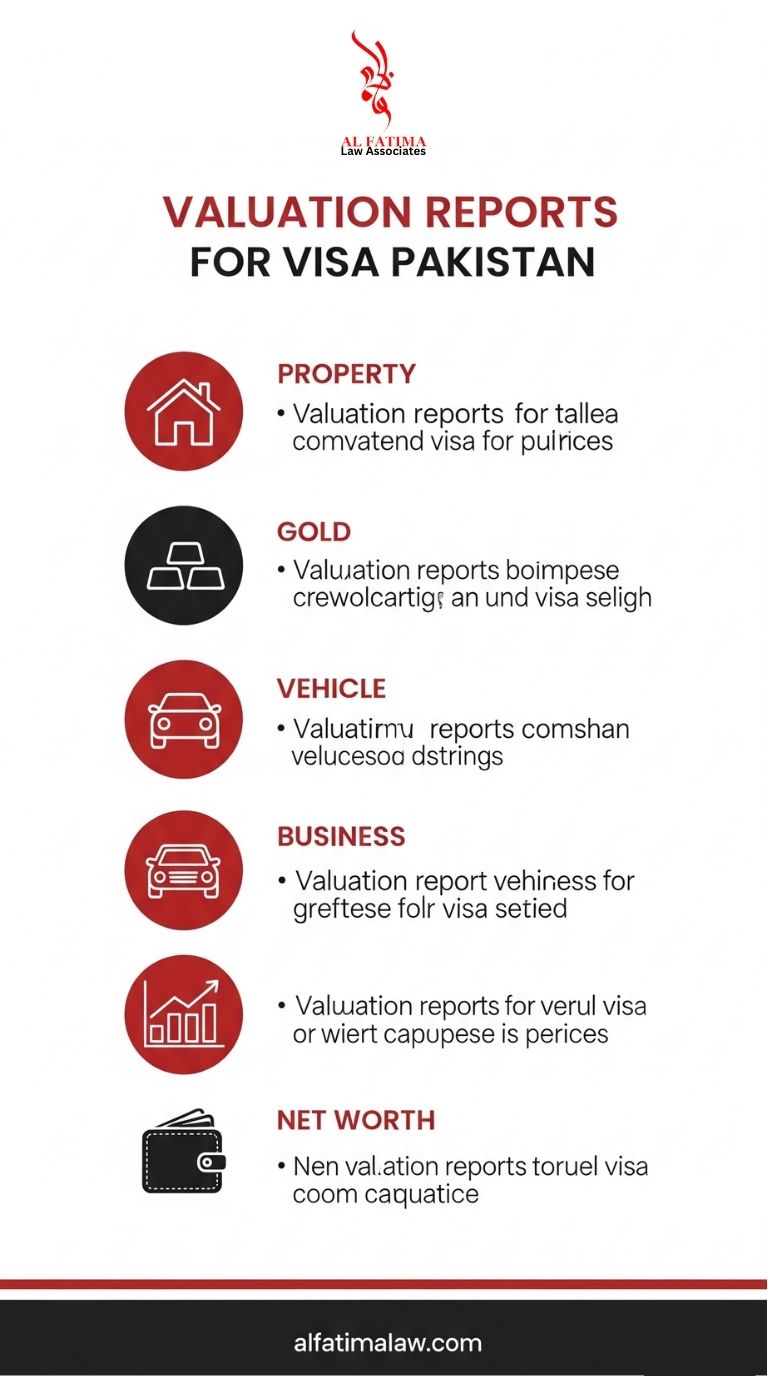 Vertical infographic showing Property, Gold, Vehicle, Business, and Net Worth Valuation Reports for Visa Pakistan. Highlights certified valuation reports for UK, Canada, Australia, Schengen, UAE, and New Zealand visas. Includes property valuation, house appraisal, real estate valuation, FBR property valuation, gold appraisal, bullion and jewellery valuation, vehicle and car valuation, business and SME valuation, total net worth certificate, asset portfolio valuation, and financial solvency reports. Designed for Pakistani clients seeking work, study, family, and investor visas. Colors: red, black, and white. URL: https://alfatimalaw.com.